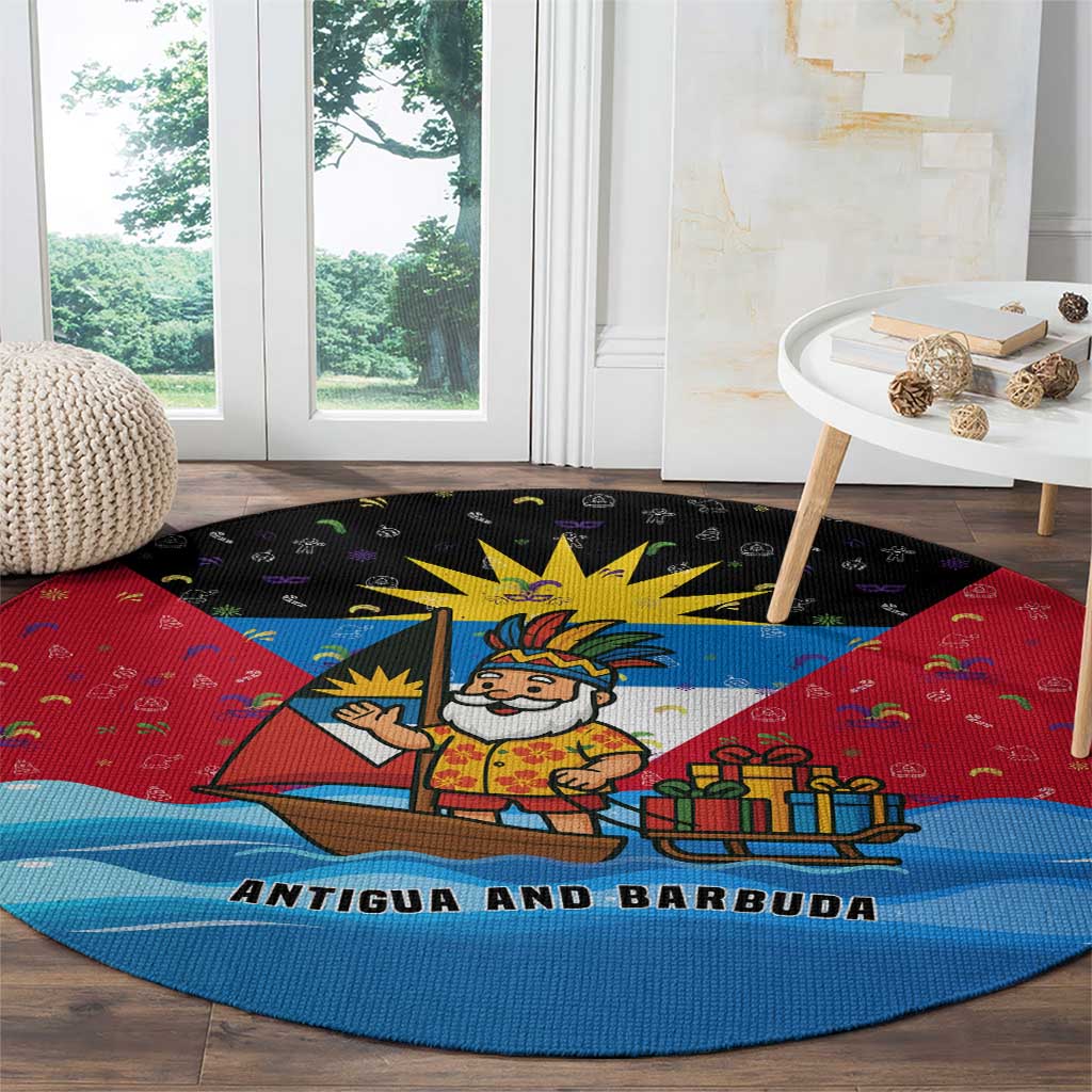 Antigua and Barbuda Christmas Round Carpet with Santa Sailboat Island Flag and Tropical Gift Design - Wonder Print Shop