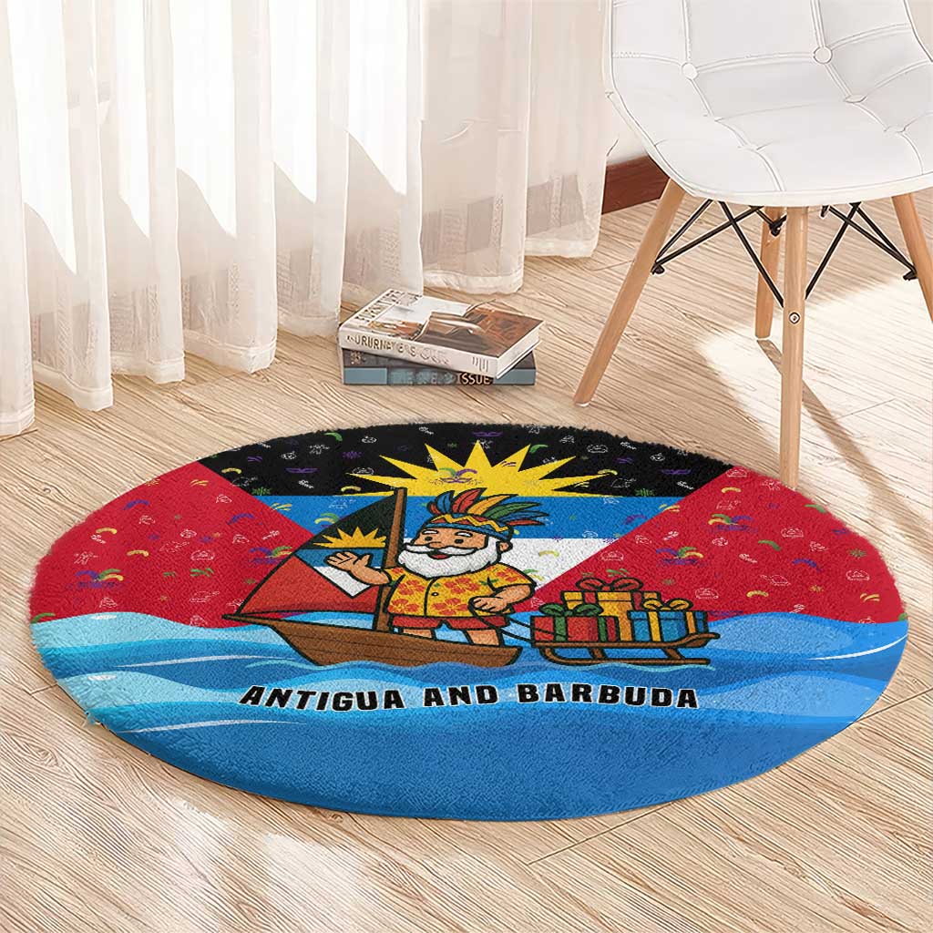 Antigua and Barbuda Christmas Round Carpet with Santa Sailboat Island Flag and Tropical Gift Design - Wonder Print Shop