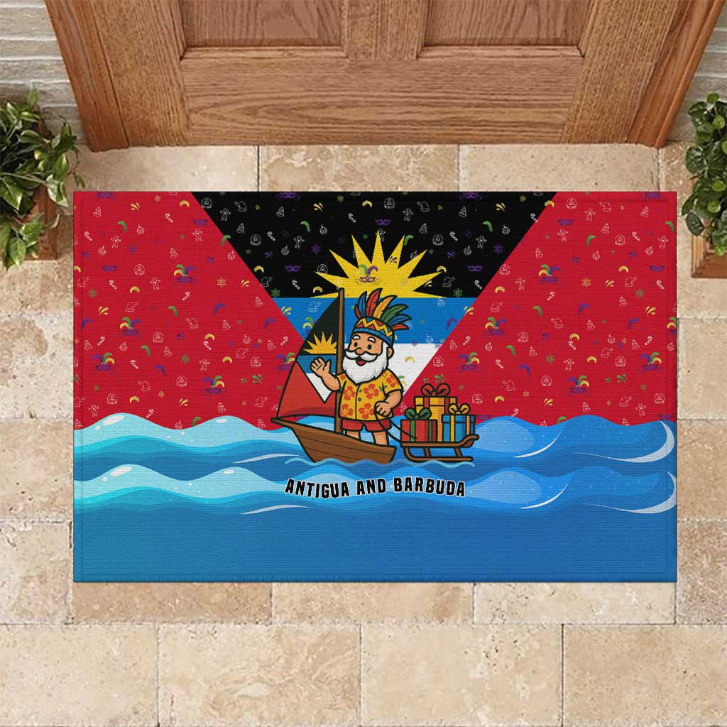 Antigua and Barbuda Christmas Rubber Doormat with Santa Sailboat Island Flag and Tropical Gift Design - Wonder Print Shop
