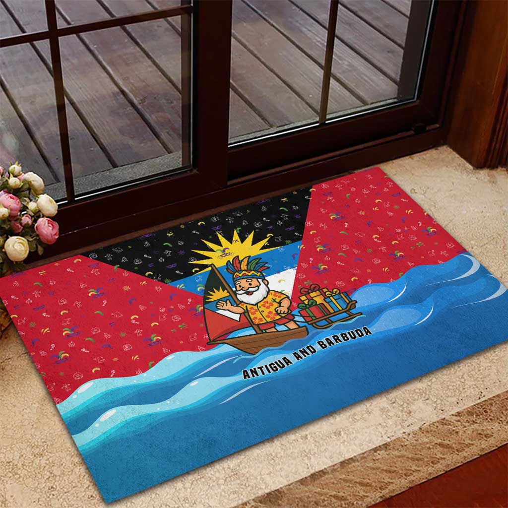 Antigua and Barbuda Christmas Rubber Doormat with Santa Sailboat Island Flag and Tropical Gift Design - Wonder Print Shop