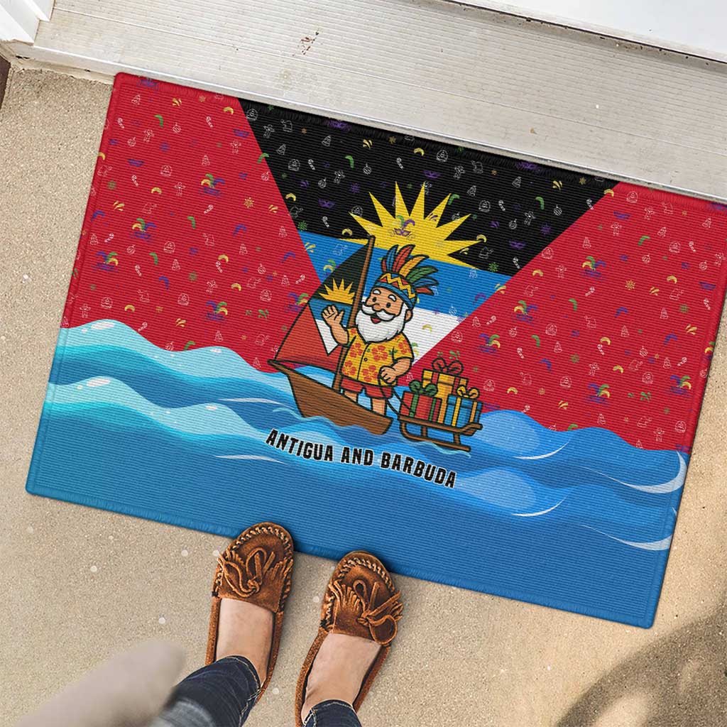 Antigua and Barbuda Christmas Rubber Doormat with Santa Sailboat Island Flag and Tropical Gift Design - Wonder Print Shop