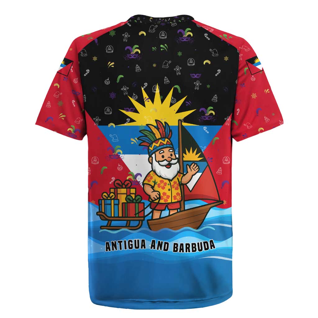 Antigua and Barbuda Christmas Rugby Jersey with Santa Sailboat Island Flag and Tropical Gift Design - Wonder Print Shop