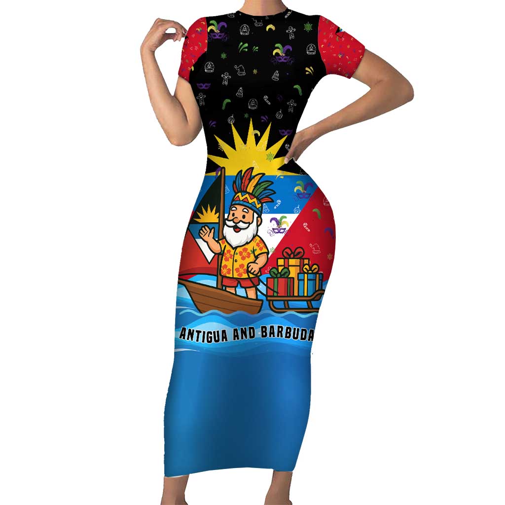 Antigua and Barbuda Christmas Short Sleeve Bodycon Dress with Santa Sailboat Island Flag and Tropical Gift Design - Wonder Print Shop