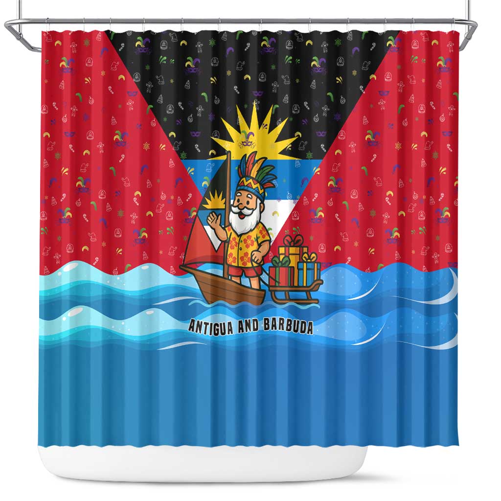 Antigua and Barbuda Christmas Shower Curtain with Santa Sailboat Island Flag and Tropical Gift Design - Wonder Print Shop