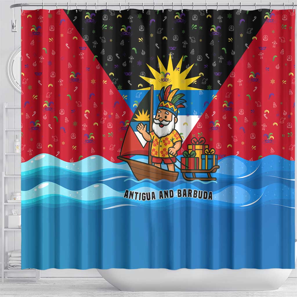 Antigua and Barbuda Christmas Shower Curtain with Santa Sailboat Island Flag and Tropical Gift Design - Wonder Print Shop