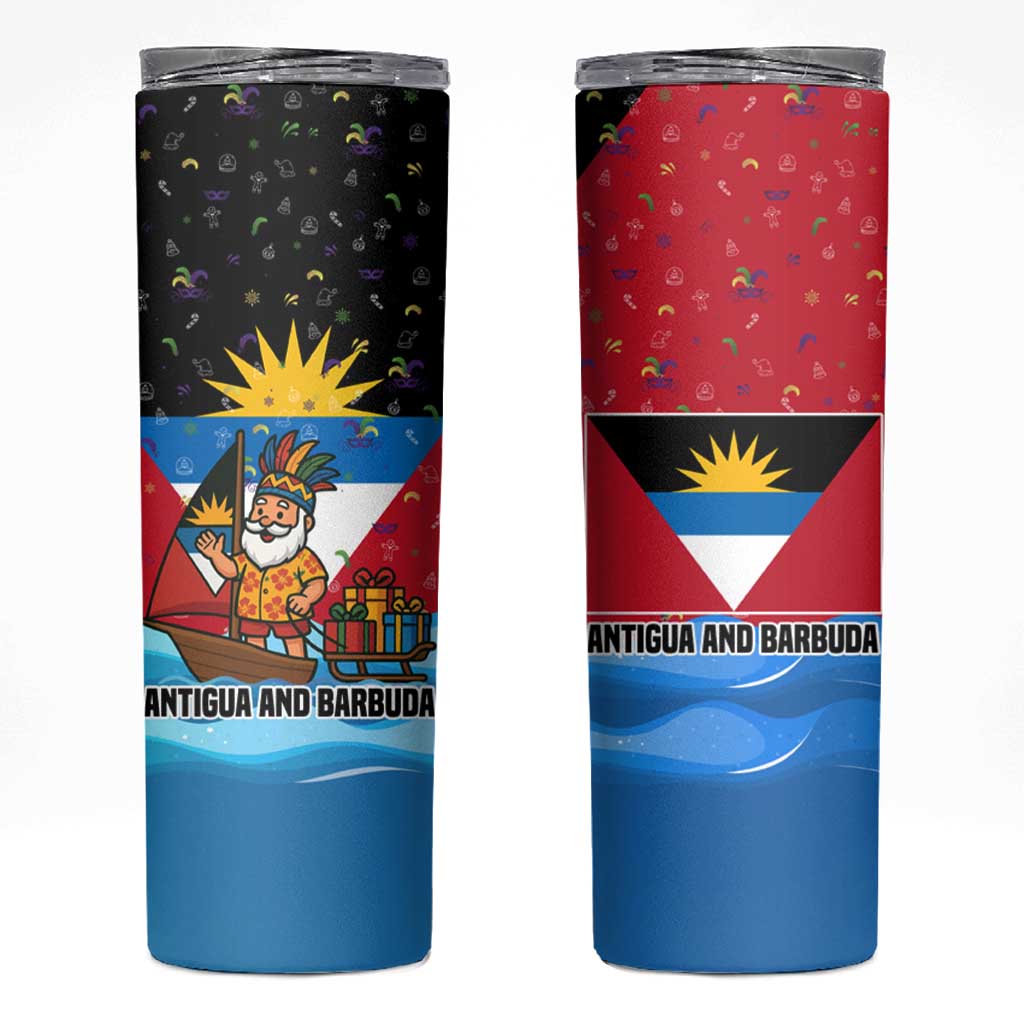 Antigua and Barbuda Christmas Skinny Tumbler with Santa Sailboat Island Flag and Tropical Gift Design - Wonder Print Shop