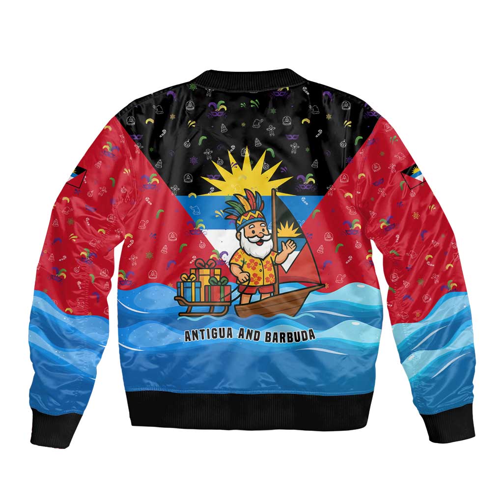 Antigua and Barbuda Christmas Sleeve Zip Bomber Jacket with Santa Sailboat Island Flag and Tropical Gift Design - Wonder Print Shop