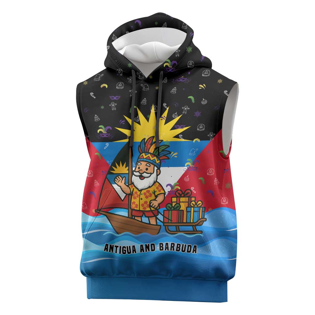 Antigua and Barbuda Christmas Sleeveless Hoodie with Santa Sailboat Island Flag and Tropical Gift Design - Wonder Print Shop