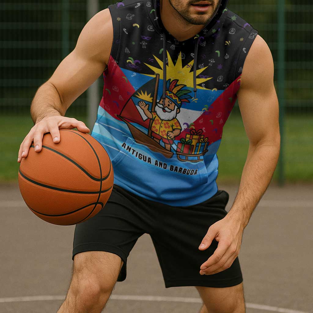 Antigua and Barbuda Christmas Sleeveless Hoodie with Santa Sailboat Island Flag and Tropical Gift Design - Wonder Print Shop