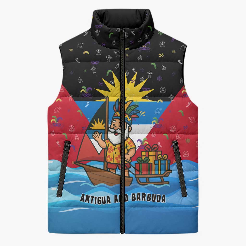 Antigua and Barbuda Christmas Sleeveless Puffer Jacket with Santa Sailboat Island Flag and Tropical Gift Design - Wonder Print Shop