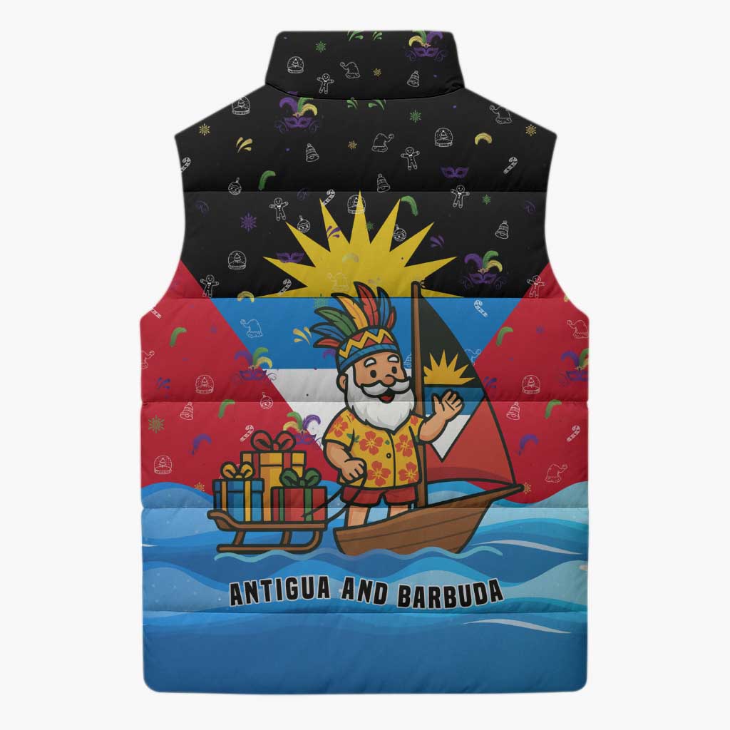 Antigua and Barbuda Christmas Sleeveless Puffer Jacket with Santa Sailboat Island Flag and Tropical Gift Design - Wonder Print Shop
