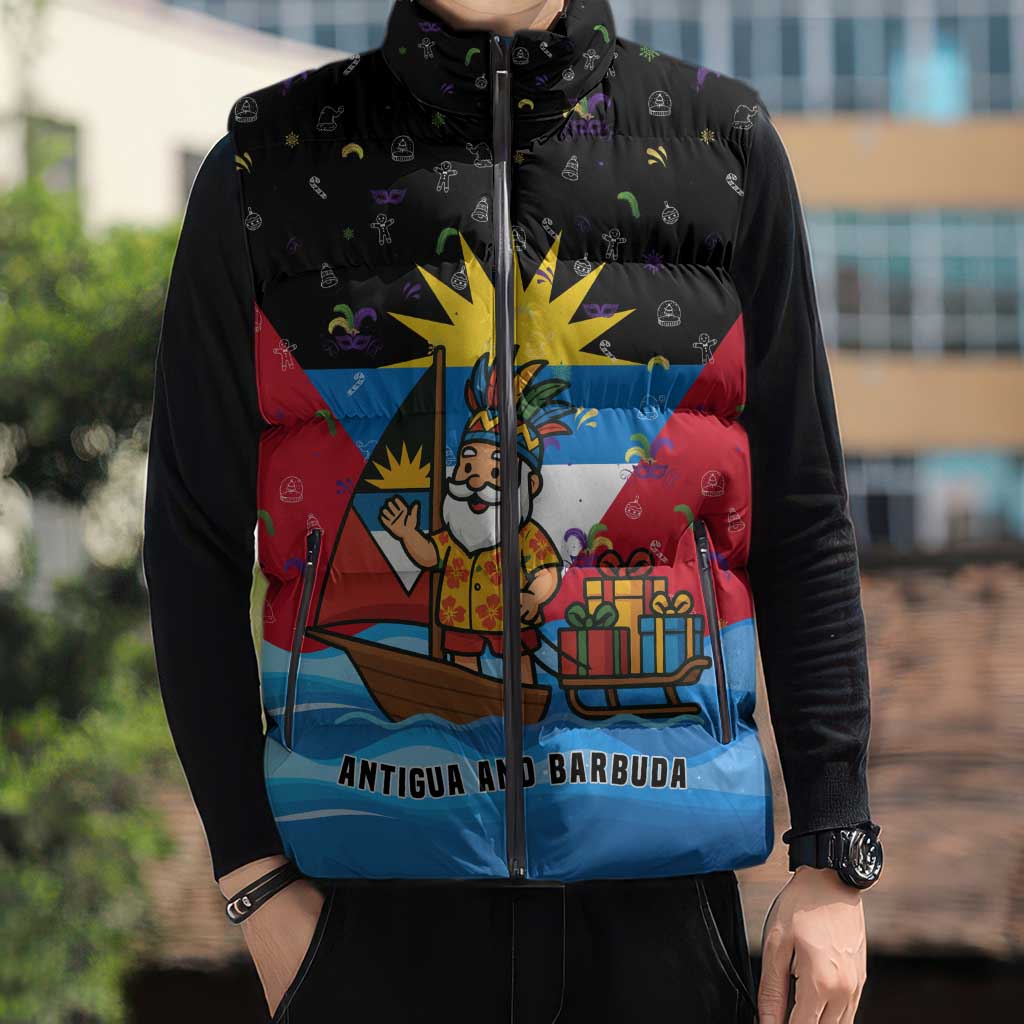 Antigua and Barbuda Christmas Sleeveless Puffer Jacket with Santa Sailboat Island Flag and Tropical Gift Design - Wonder Print Shop