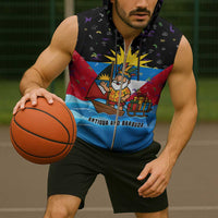 Antigua and Barbuda Christmas Sleeveless Zip Hoodie with Santa Sailboat Island Flag and Tropical Gift Design - Wonder Print Shop