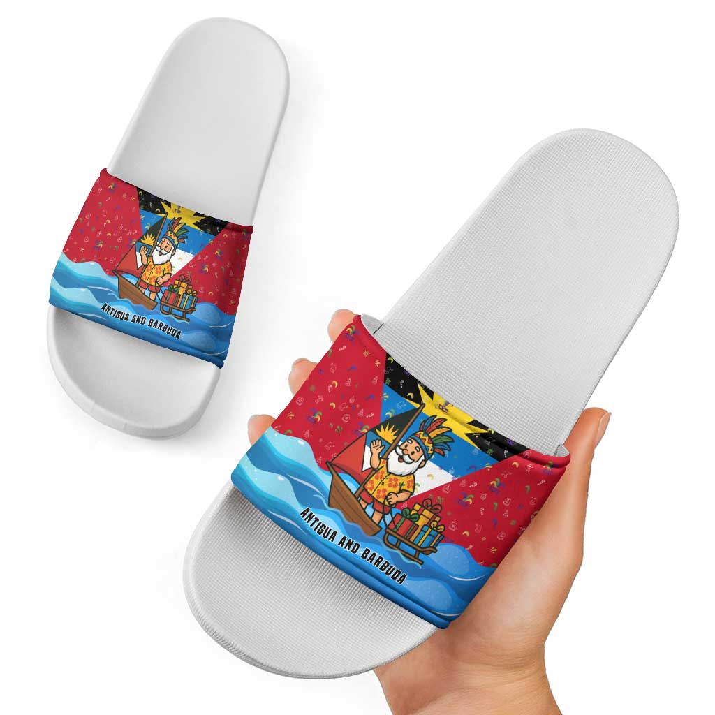 Antigua and Barbuda Christmas Slide Sandals with Santa Sailboat Island Flag and Tropical Gift Design - Wonder Print Shop