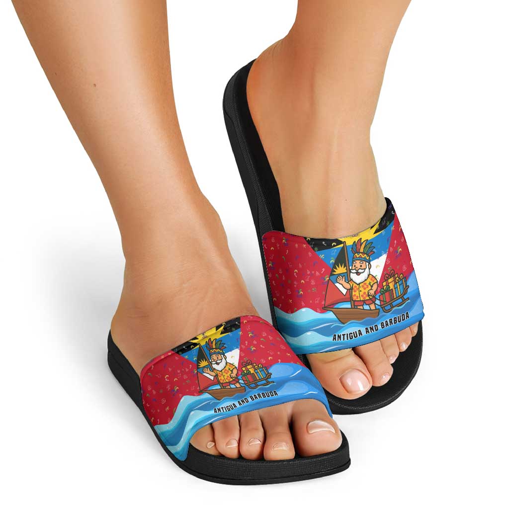 Antigua and Barbuda Christmas Slide Sandals with Santa Sailboat Island Flag and Tropical Gift Design - Wonder Print Shop
