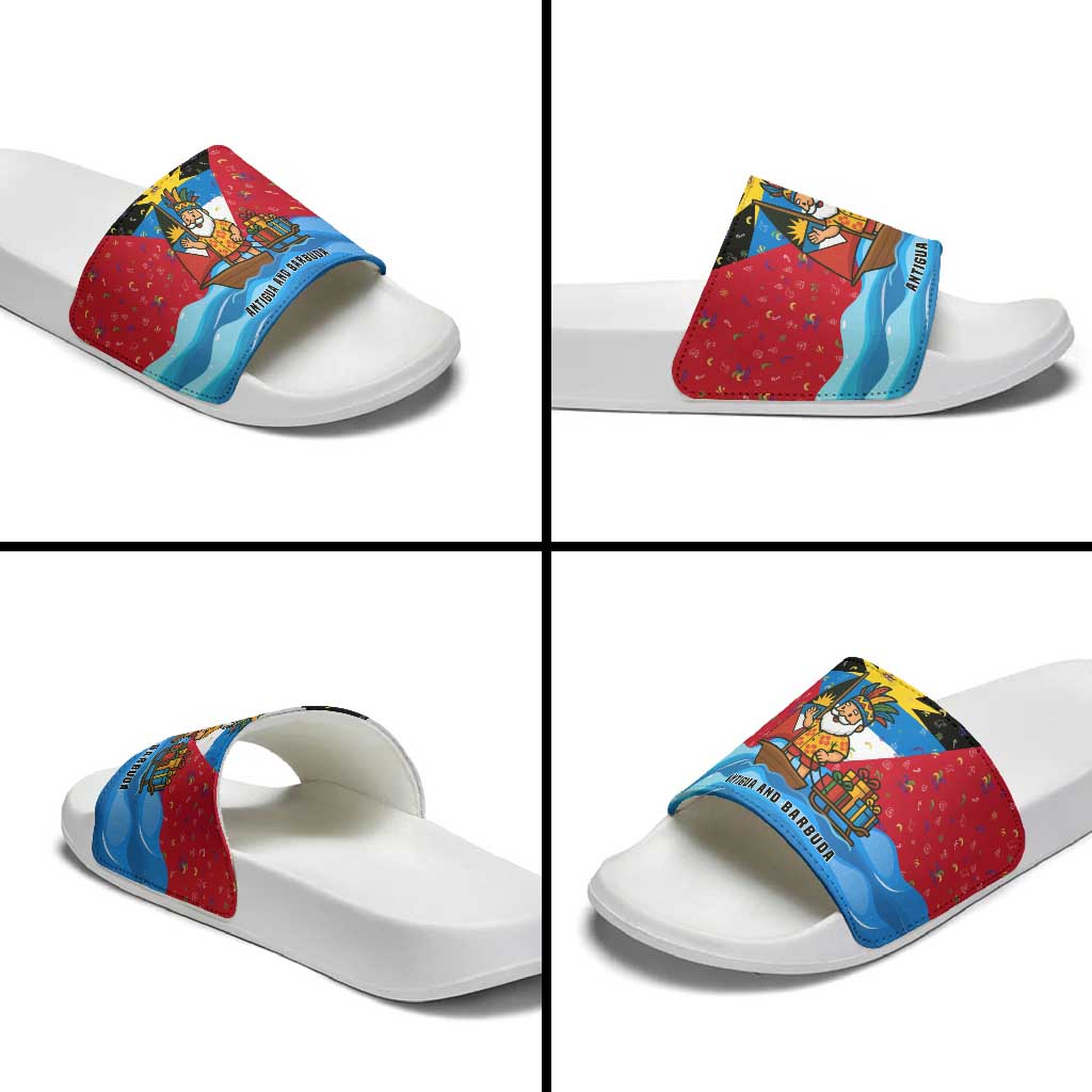 Antigua and Barbuda Christmas Slide Sandals with Santa Sailboat Island Flag and Tropical Gift Design - Wonder Print Shop