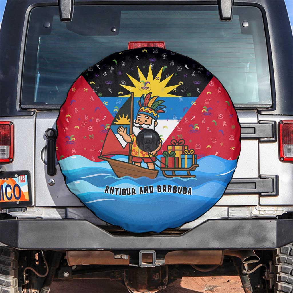 Antigua and Barbuda Christmas Spare Tire Cover with Santa Sailboat Island Flag and Tropical Gift Design - Wonder Print Shop