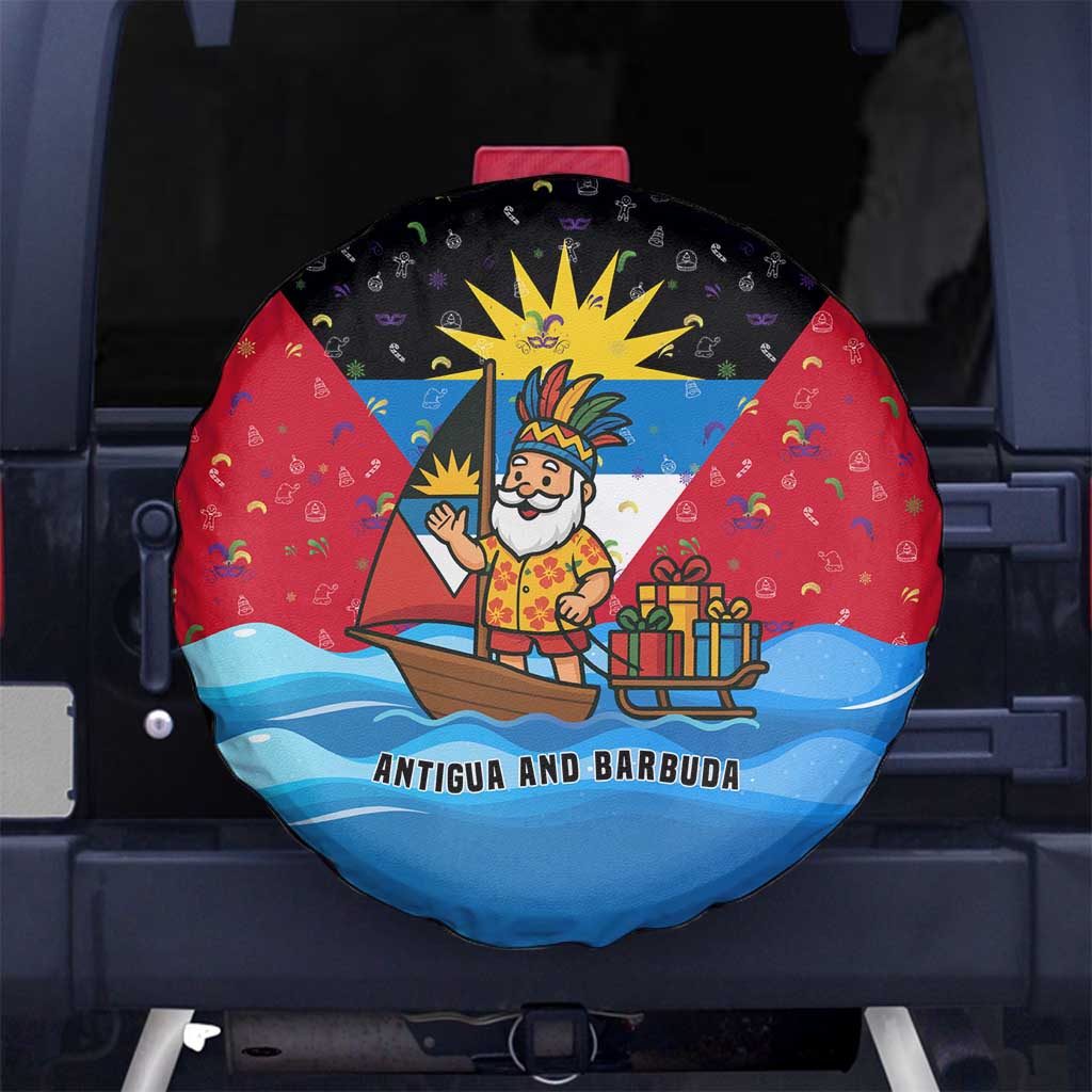 Antigua and Barbuda Christmas Spare Tire Cover with Santa Sailboat Island Flag and Tropical Gift Design - Wonder Print Shop