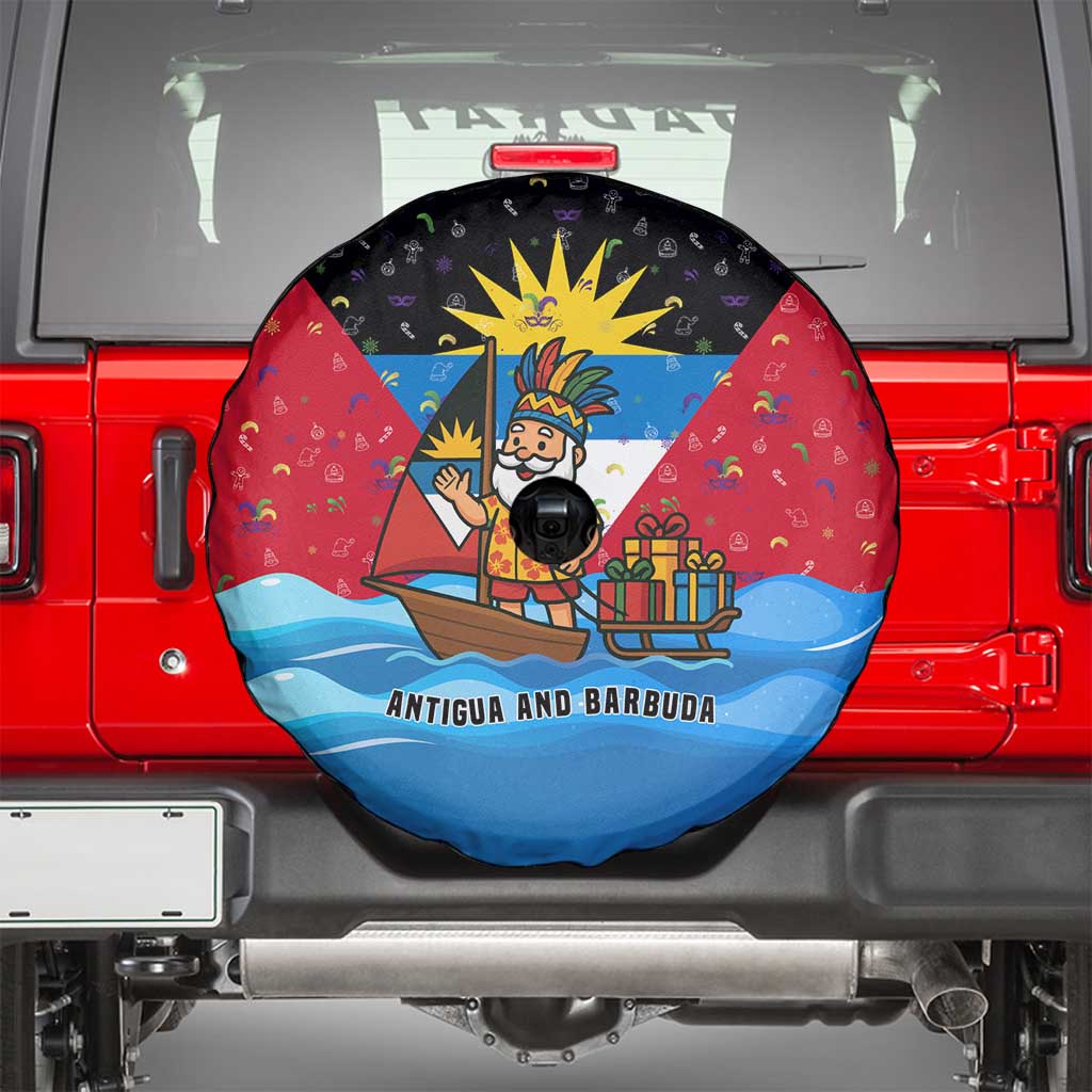 Antigua and Barbuda Christmas Spare Tire Cover with Santa Sailboat Island Flag and Tropical Gift Design - Wonder Print Shop