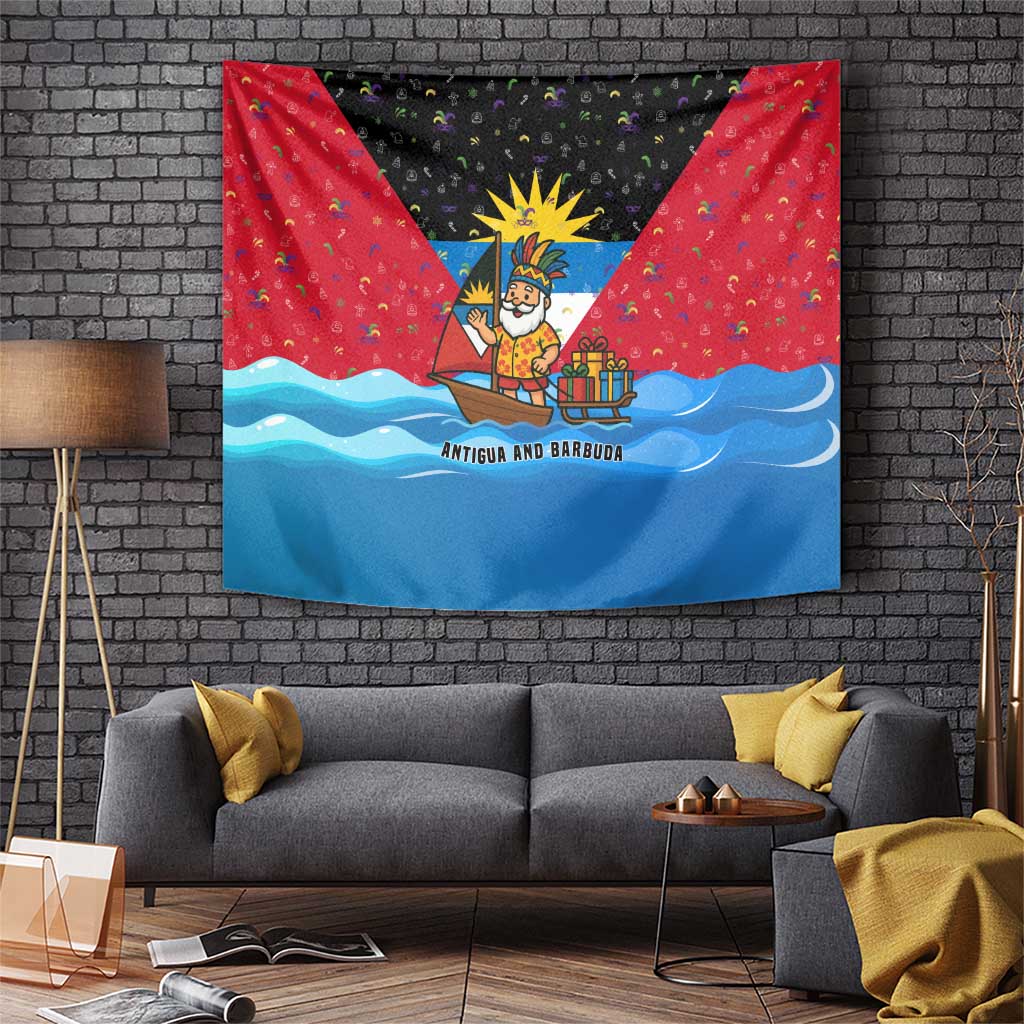 Antigua and Barbuda Christmas Tapestry with Santa Sailboat Island Flag and Tropical Gift Design - Wonder Print Shop