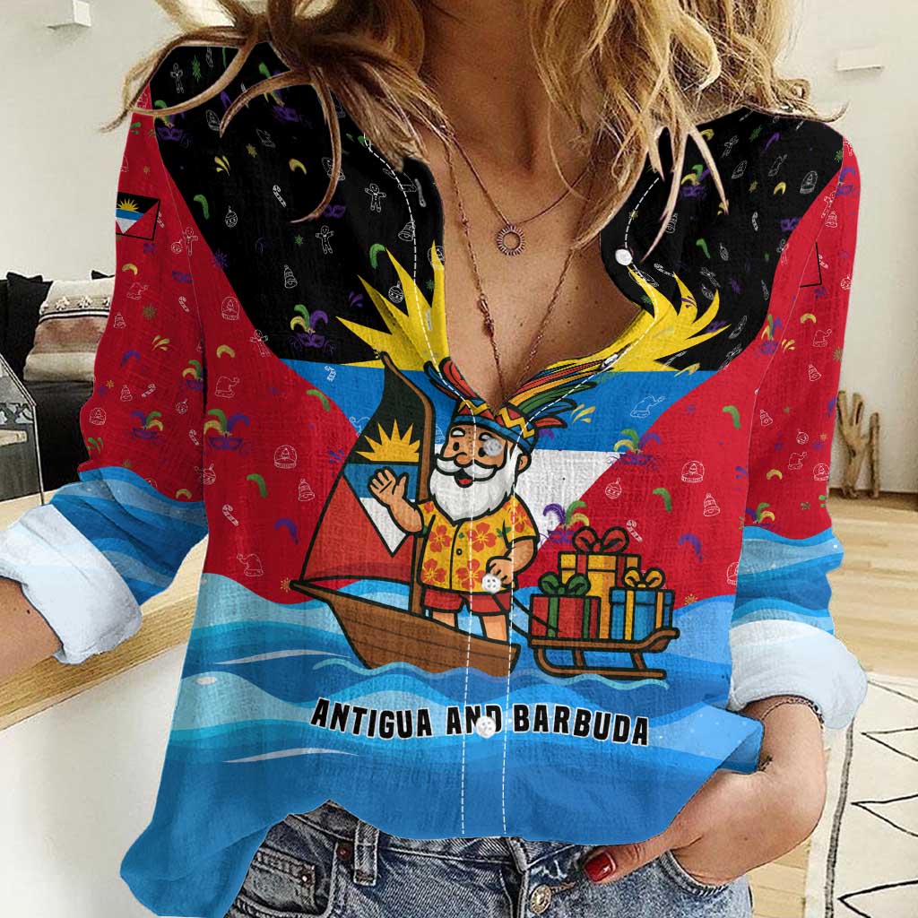 Antigua and Barbuda Christmas Women Casual Shirt with Santa Sailboat Island Flag and Tropical Gift Design - Wonder Print Shop