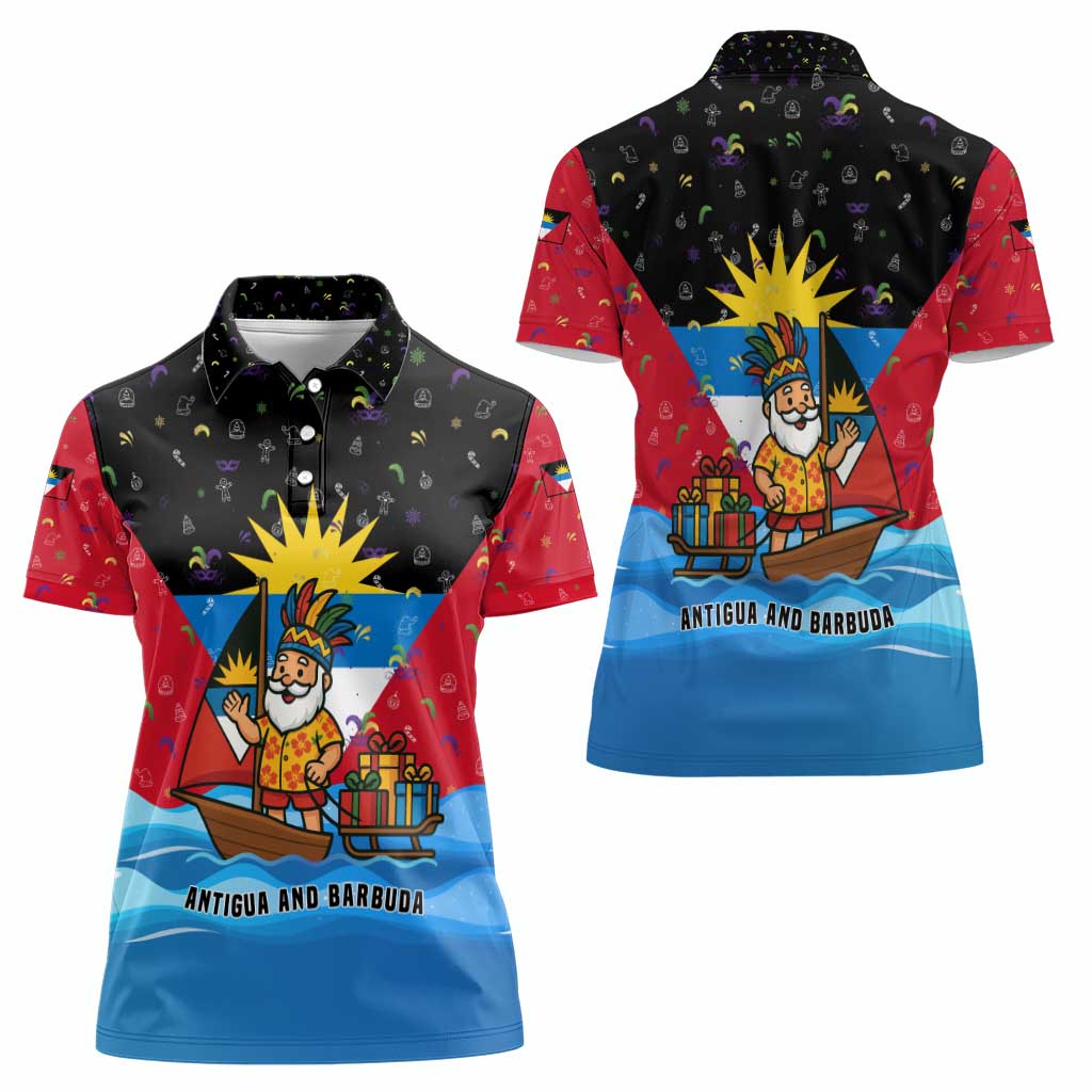 Antigua and Barbuda Christmas Women Polo Shirt with Santa Sailboat Island Flag and Tropical Gift Design - Wonder Print Shop