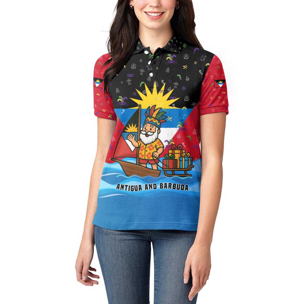 Antigua and Barbuda Christmas Women Polo Shirt with Santa Sailboat Island Flag and Tropical Gift Design - Wonder Print Shop