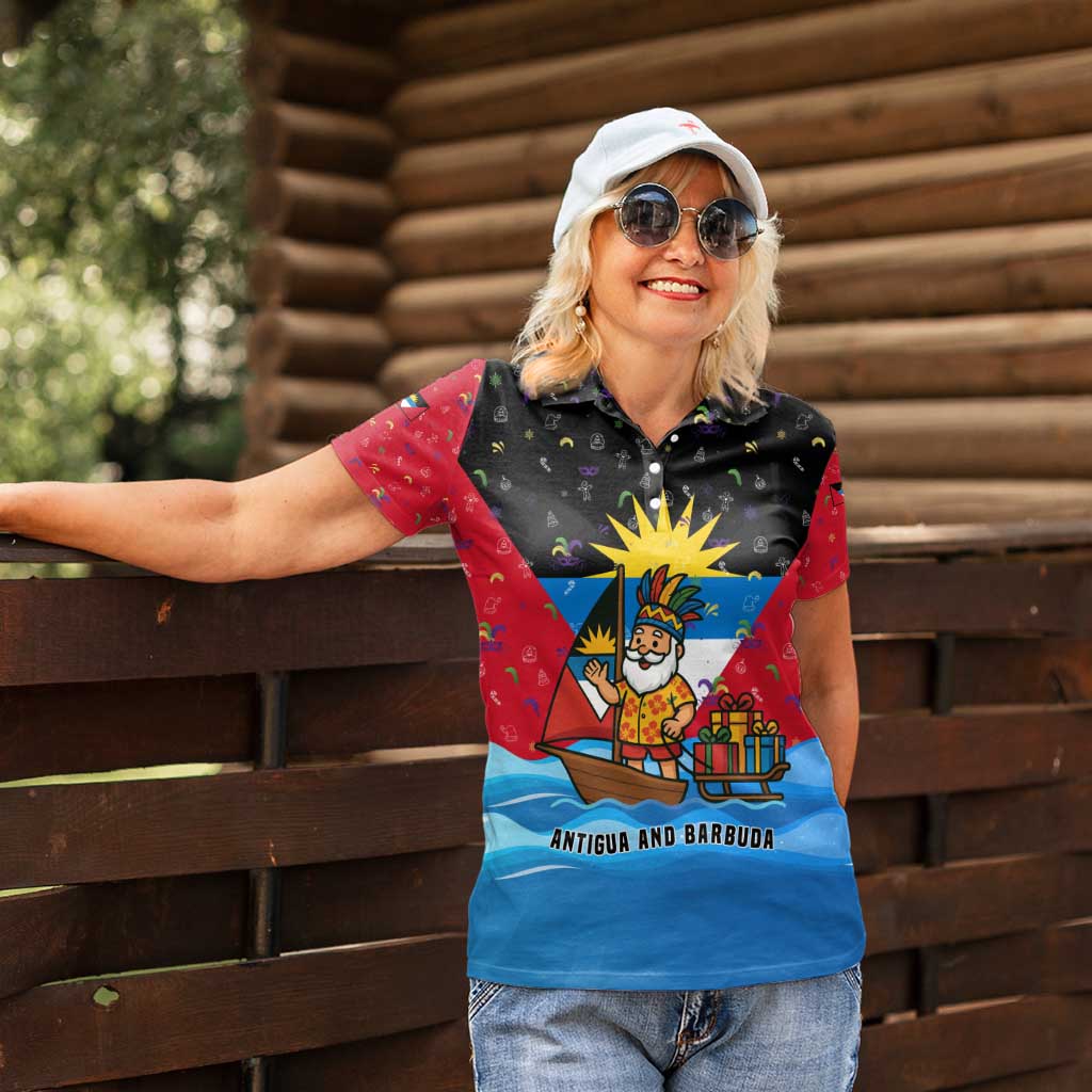 Antigua and Barbuda Christmas Women Polo Shirt with Santa Sailboat Island Flag and Tropical Gift Design - Wonder Print Shop