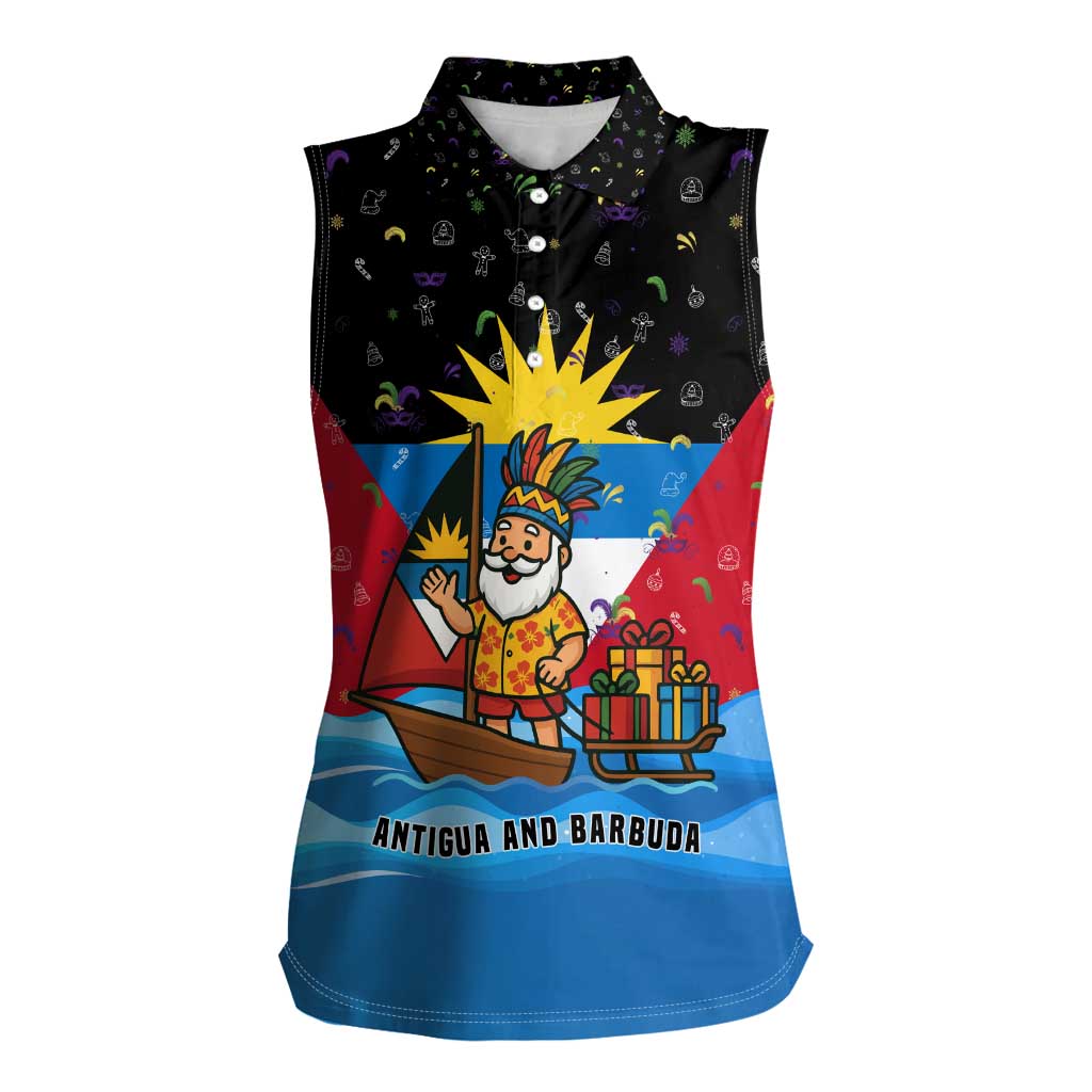 Antigua and Barbuda Christmas Women Sleeveless Polo Shirt with Santa Sailboat Island Flag and Tropical Gift Design - Wonder Print Shop