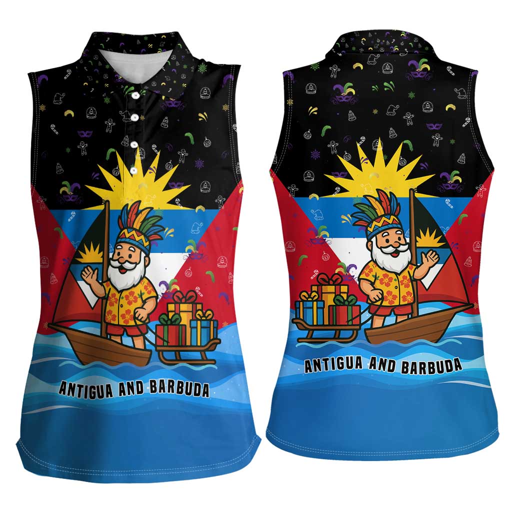Antigua and Barbuda Christmas Women Sleeveless Polo Shirt with Santa Sailboat Island Flag and Tropical Gift Design - Wonder Print Shop