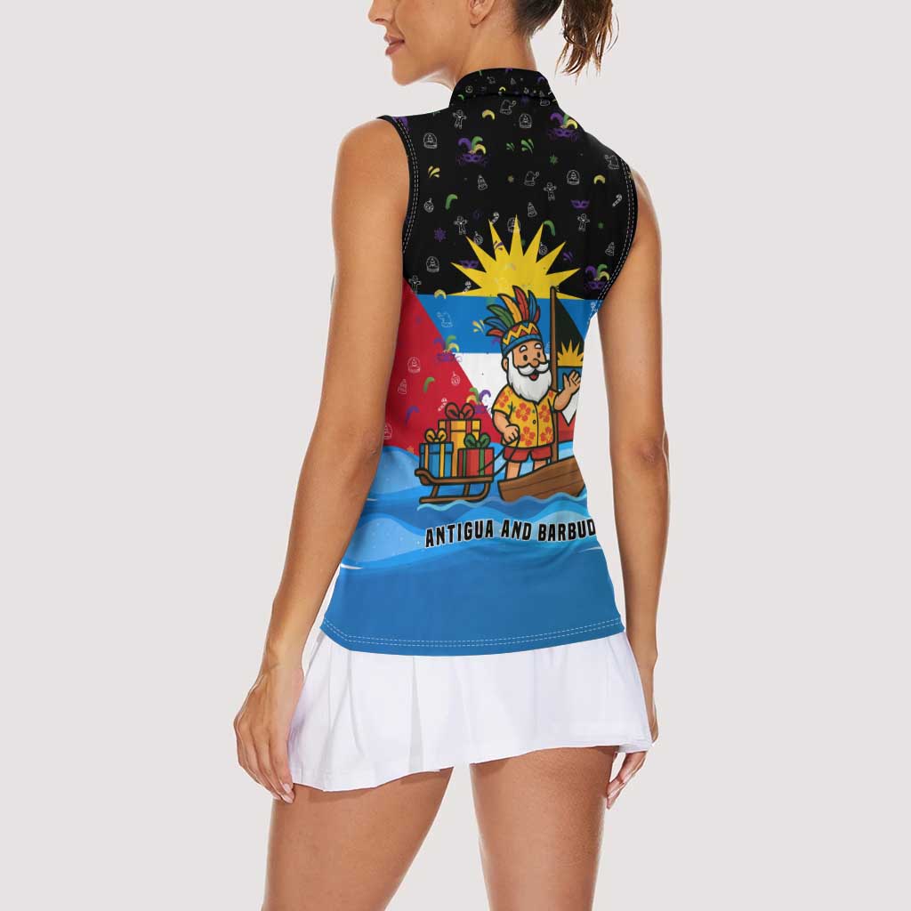 Antigua and Barbuda Christmas Women Sleeveless Polo Shirt with Santa Sailboat Island Flag and Tropical Gift Design - Wonder Print Shop