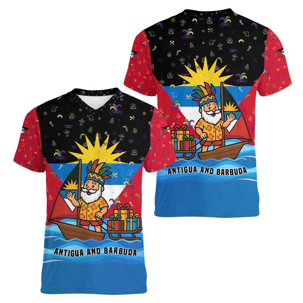 Antigua and Barbuda Christmas Women V-Neck T-Shirt with Santa Sailboat Island Flag and Tropical Gift Design - Wonder Print Shop