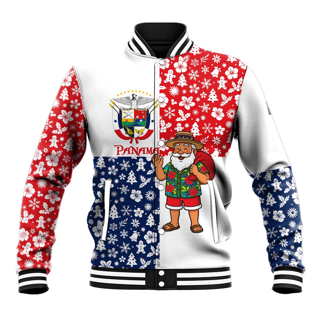 Panama Christmas Baseball Jacket with Tropical Santa National Coat of Arms and Festive Pattern Design - Wonder Print Shop