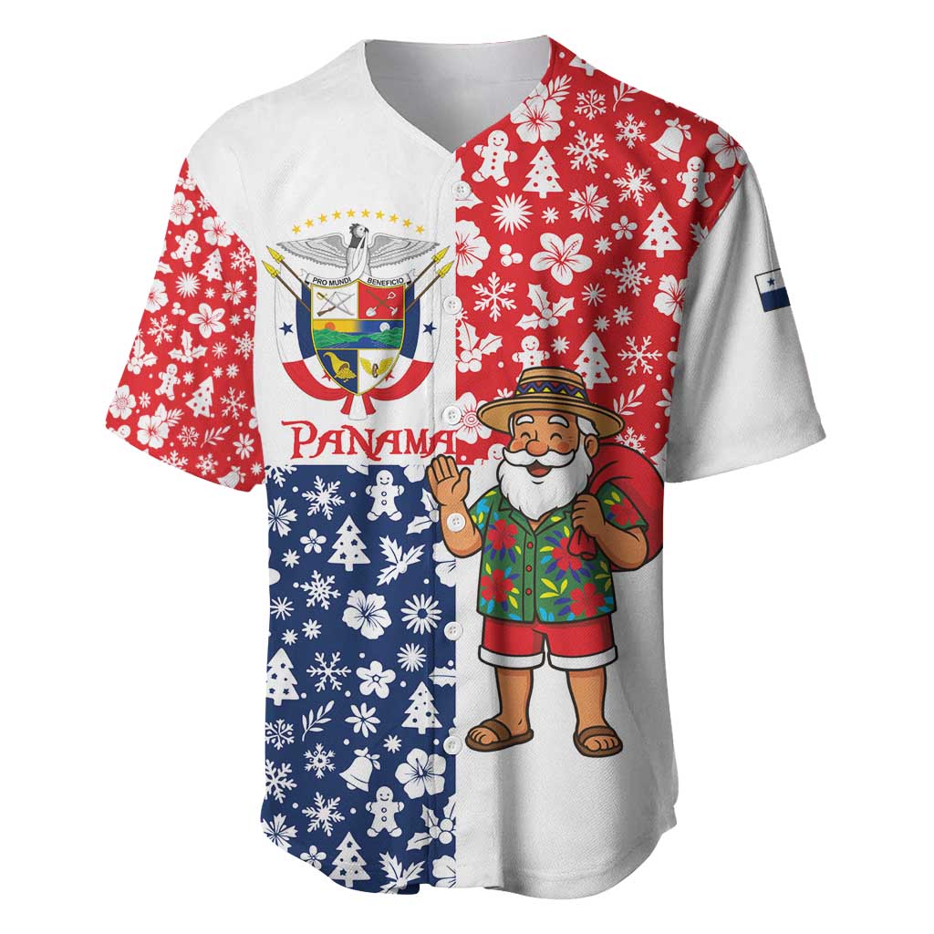 Panama Christmas Baseball Jersey with Tropical Santa National Coat of Arms and Festive Pattern Design - Wonder Print Shop