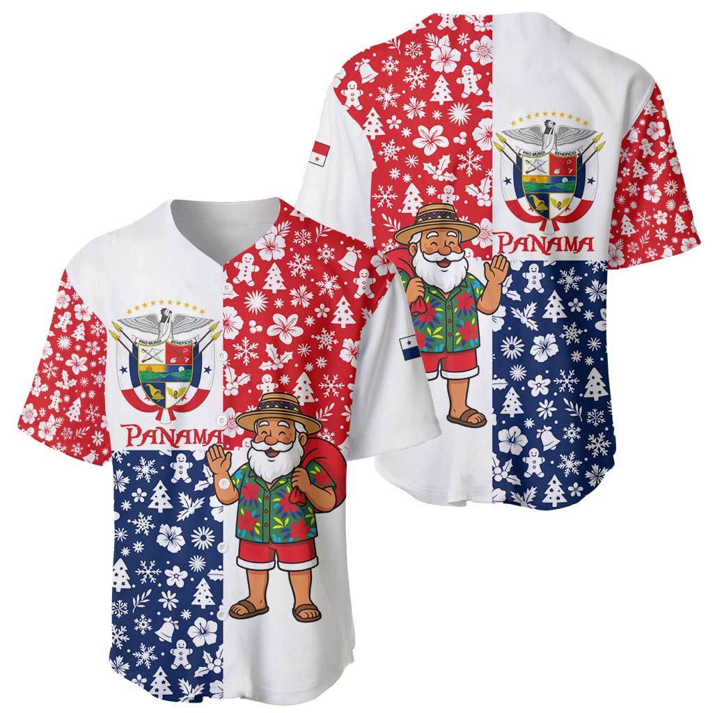 Panama Christmas Baseball Jersey with Tropical Santa National Coat of Arms and Festive Pattern Design - Wonder Print Shop
