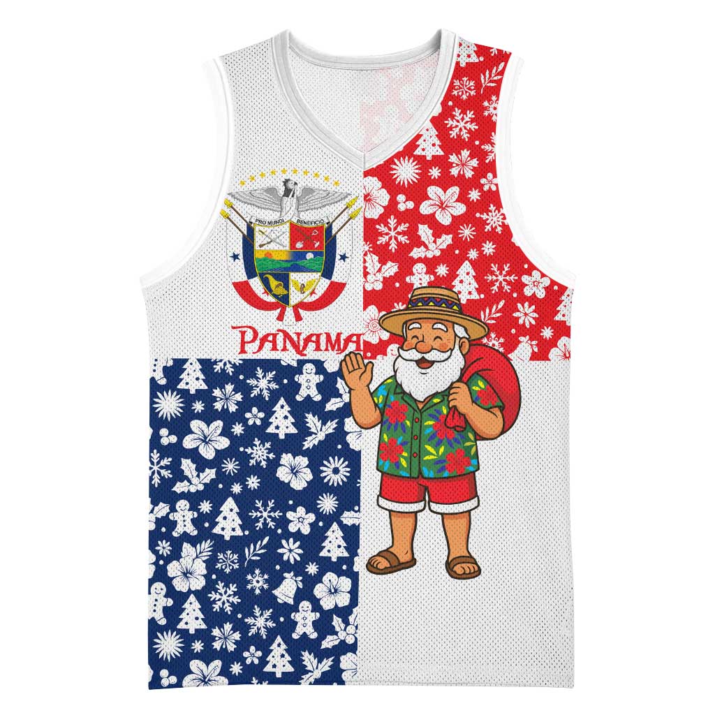 Panama Christmas Basketball Jersey with Tropical Santa National Coat of Arms and Festive Pattern Design - Wonder Print Shop