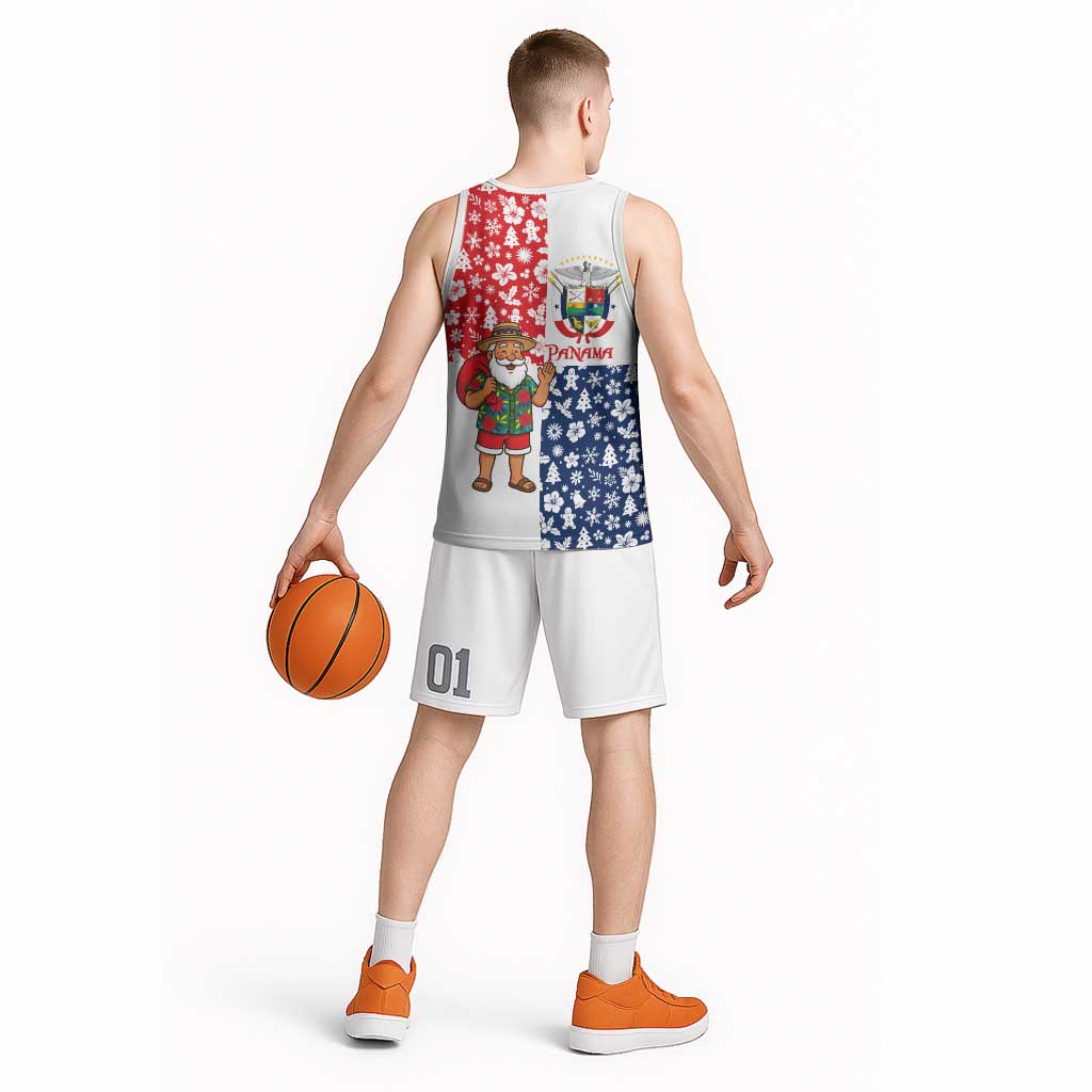 Panama Christmas Basketball Jersey with Tropical Santa National Coat of Arms and Festive Pattern Design - Wonder Print Shop