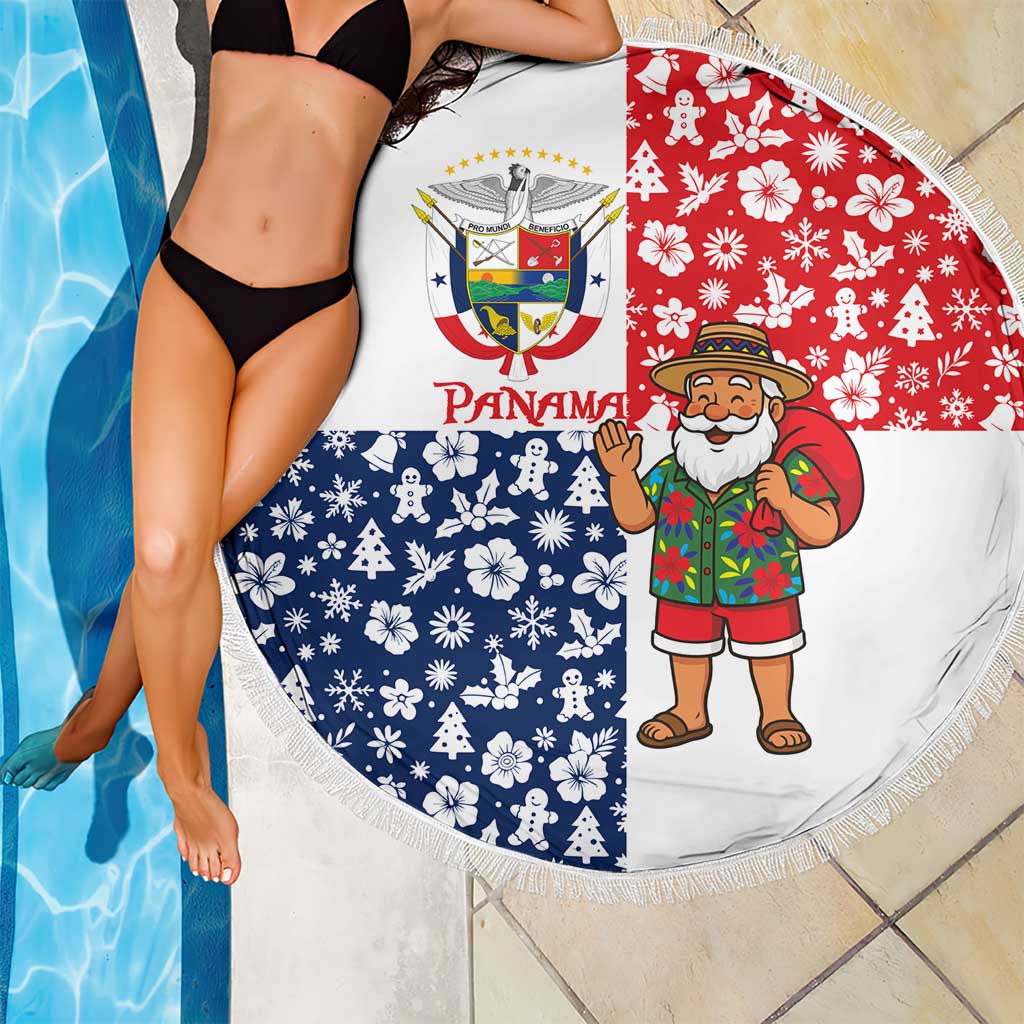 Panama Christmas Beach Blanket with Tropical Santa National Coat of Arms and Festive Pattern Design - Wonder Print Shop