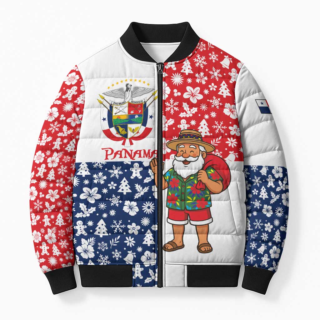 Panama Christmas Bomber Puffer Jacket with Tropical Santa National Coat of Arms and Festive Pattern Design - Wonder Print Shop
