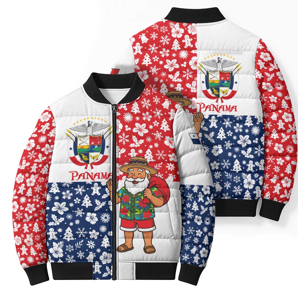 Panama Christmas Bomber Puffer Jacket with Tropical Santa National Coat of Arms and Festive Pattern Design - Wonder Print Shop