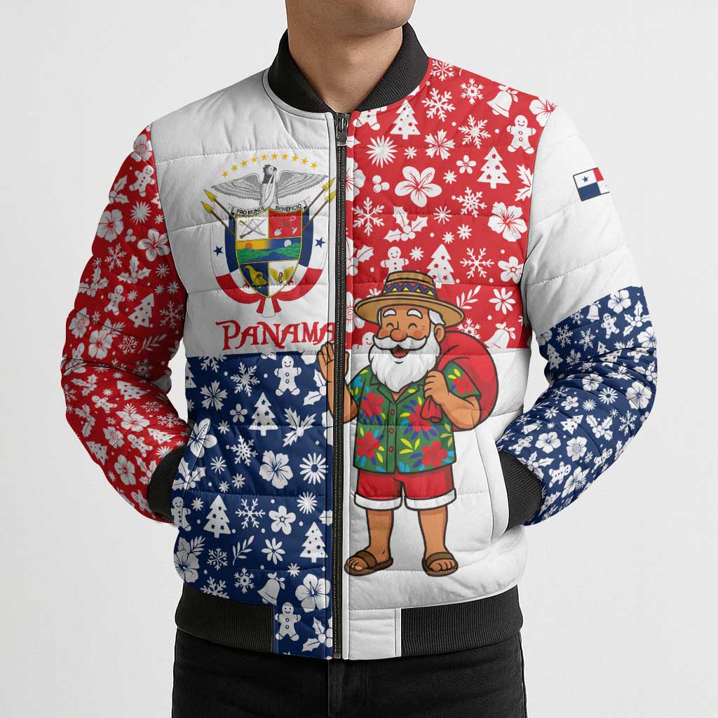 Panama Christmas Bomber Puffer Jacket with Tropical Santa National Coat of Arms and Festive Pattern Design - Wonder Print Shop