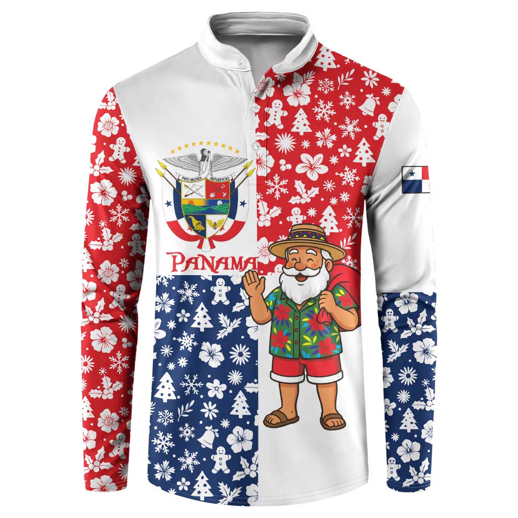 Panama Christmas Button Sweatshirt with Tropical Santa National Coat of Arms and Festive Pattern Design - Wonder Print Shop