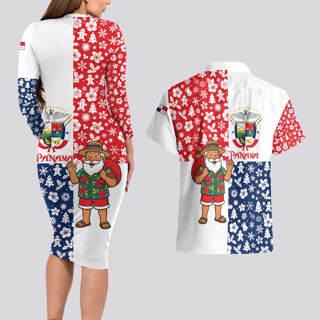 Panama Christmas Couples Matching Long Sleeve Bodycon Dress and Hawaiian Shirt with Tropical Santa National Coat of Arms and Festive Pattern Design - Wonder Print Shop