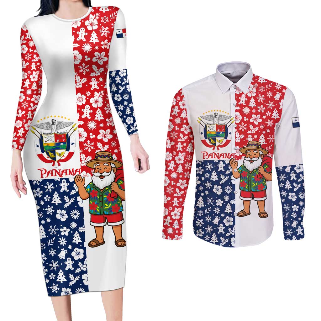 Panama Christmas Couples Matching Long Sleeve Bodycon Dress and Long Sleeve Button Shirt with Tropical Santa National Coat of Arms and Festive Pattern Design - Wonder Print Shop