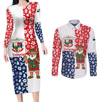 Panama Christmas Couples Matching Long Sleeve Bodycon Dress and Long Sleeve Button Shirt with Tropical Santa National Coat of Arms and Festive Pattern Design - Wonder Print Shop