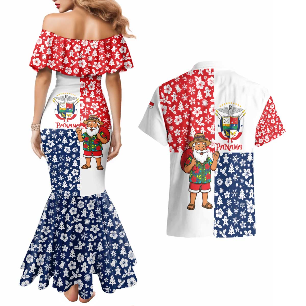 Panama Christmas Couples Matching Mermaid Dress and Hawaiian Shirt with Tropical Santa National Coat of Arms and Festive Pattern Design - Wonder Print Shop