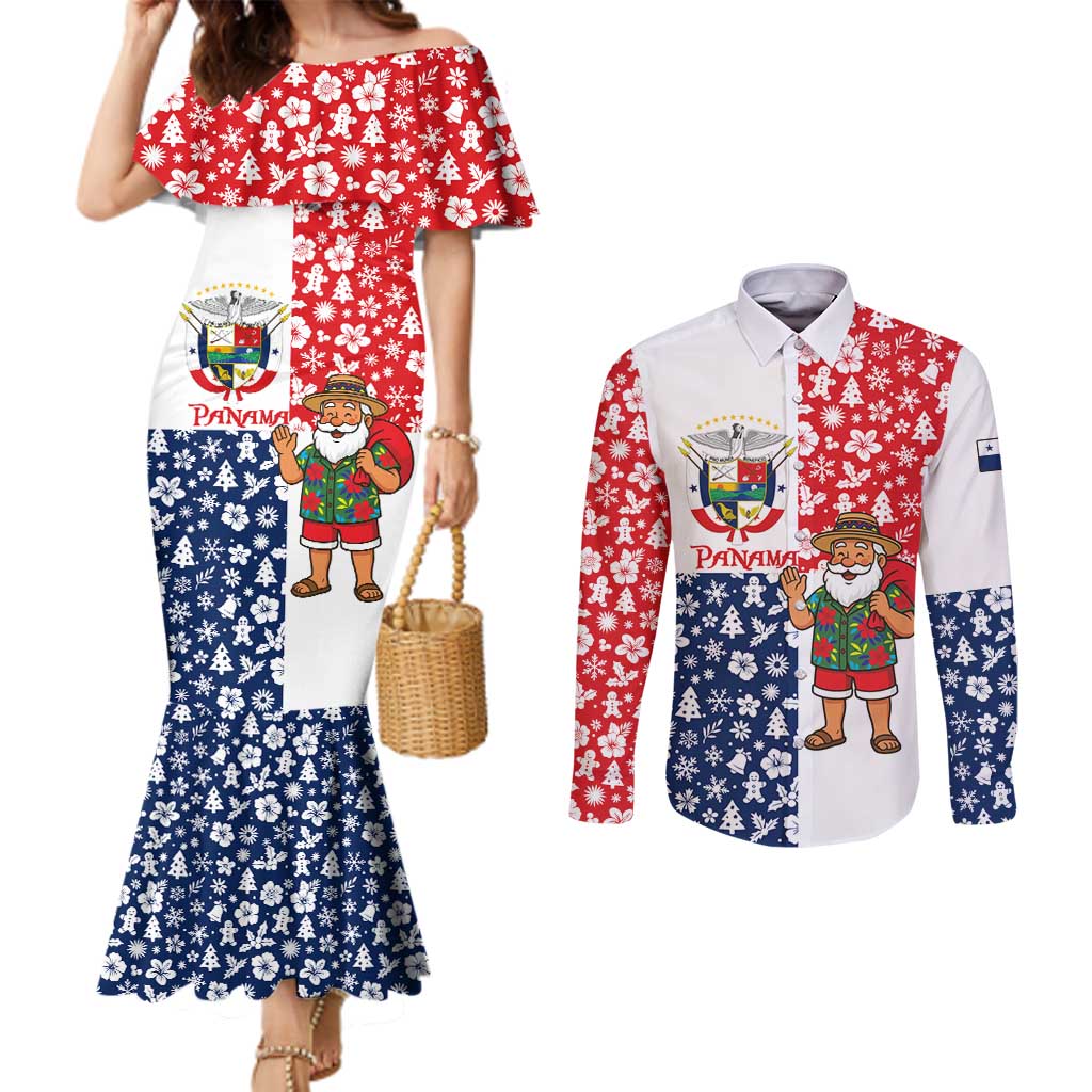 Panama Christmas Couples Matching Mermaid Dress and Long Sleeve Button Shirt with Tropical Santa National Coat of Arms and Festive Pattern Design - Wonder Print Shop