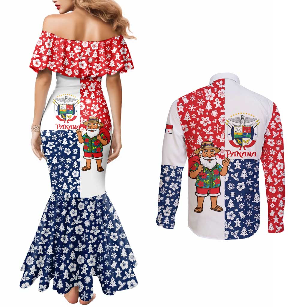 Panama Christmas Couples Matching Mermaid Dress and Long Sleeve Button Shirt with Tropical Santa National Coat of Arms and Festive Pattern Design - Wonder Print Shop
