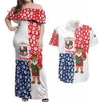 Panama Christmas Couples Matching Off Shoulder Maxi Dress and Hawaiian Shirt with Tropical Santa National Coat of Arms and Festive Pattern Design - Wonder Print Shop