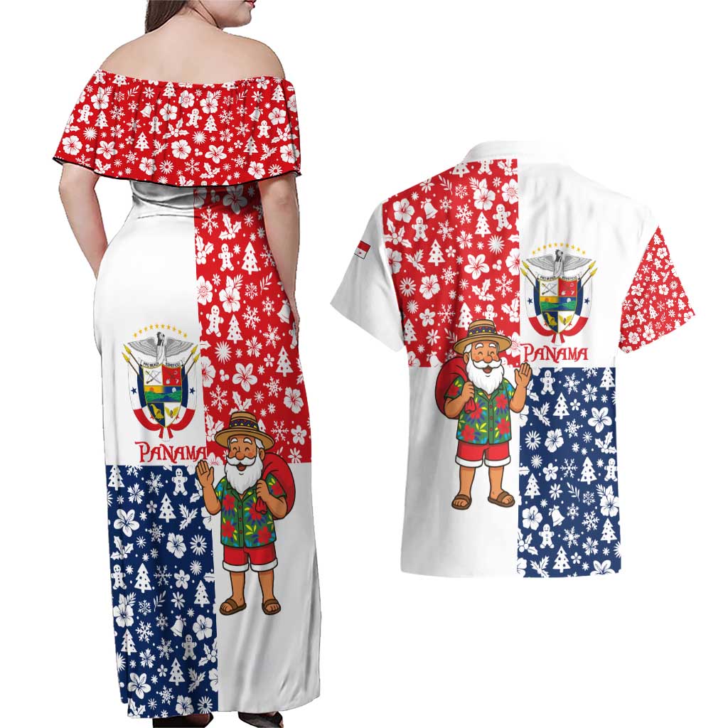 Panama Christmas Couples Matching Off Shoulder Maxi Dress and Hawaiian Shirt with Tropical Santa National Coat of Arms and Festive Pattern Design - Wonder Print Shop